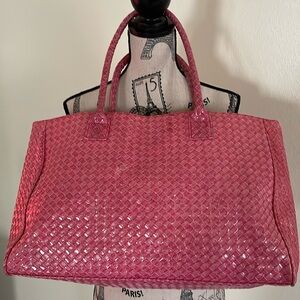 Trendy Large Capacity Woven Tote Bag-Pink-Approx: 18” W x 12” H-Pink /Wht Lining